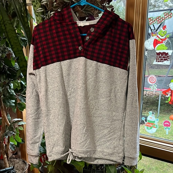 Gray and Red Plaid Kids Hoodie - Picture 2 of 4